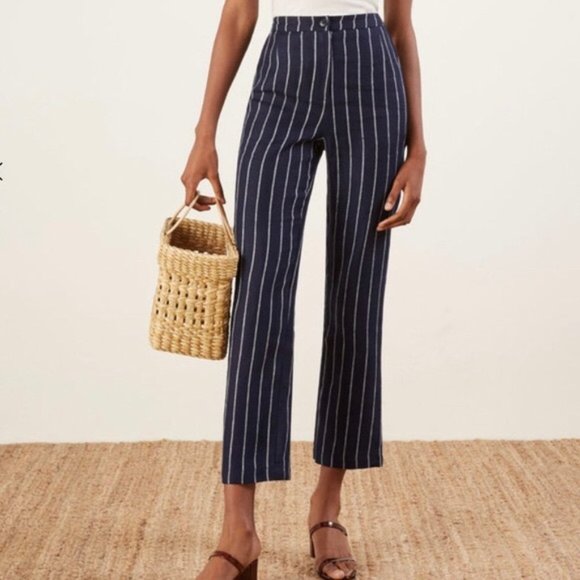 Reformation Navy Striped Cropped Pants - Picture 1 of 11